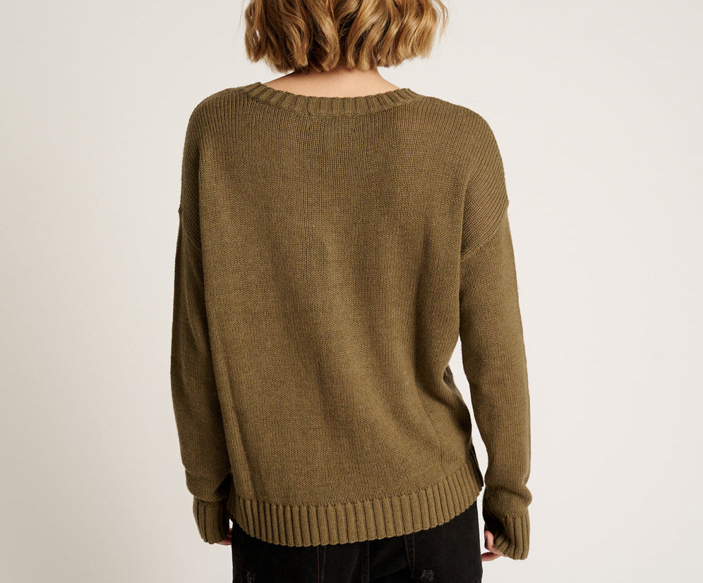 Classic Pocket Chunky Knit Sweater Khaki - Khaki