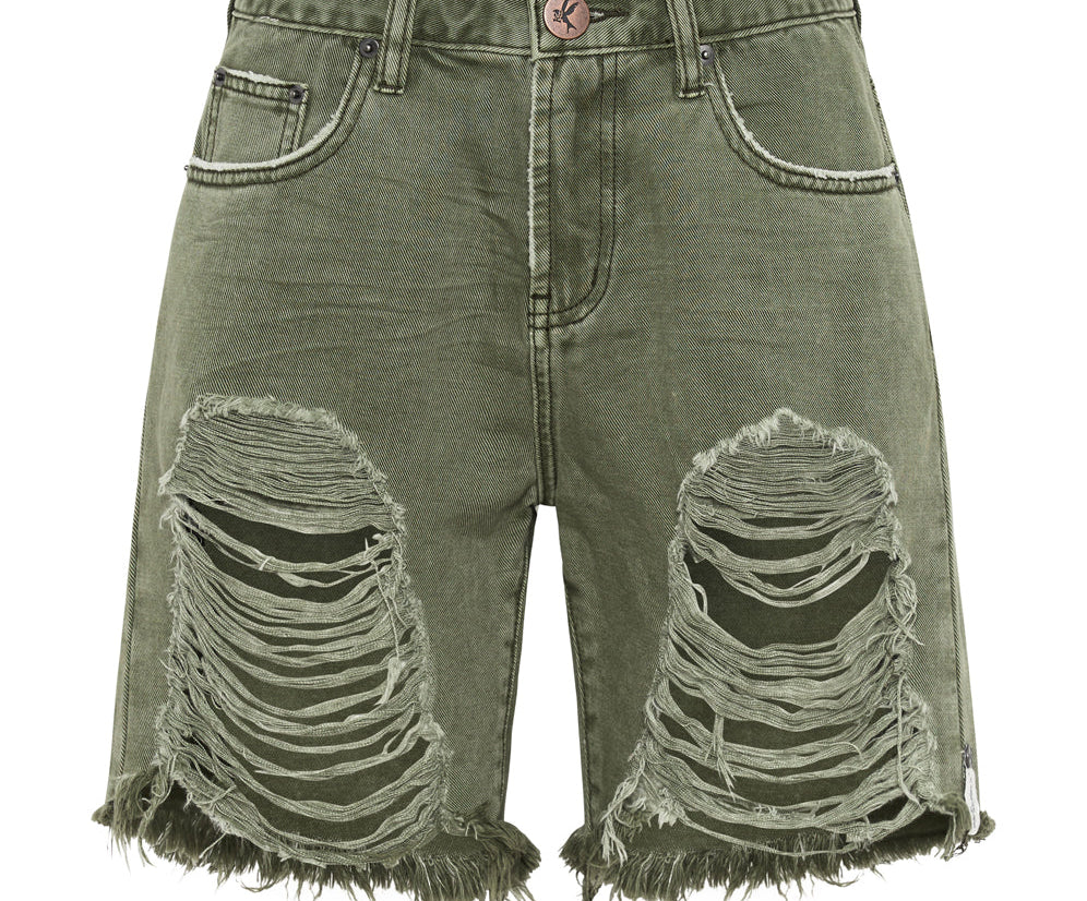 Stevies High Waist Long Length Boyfriend Denim Shorts - St Khaki