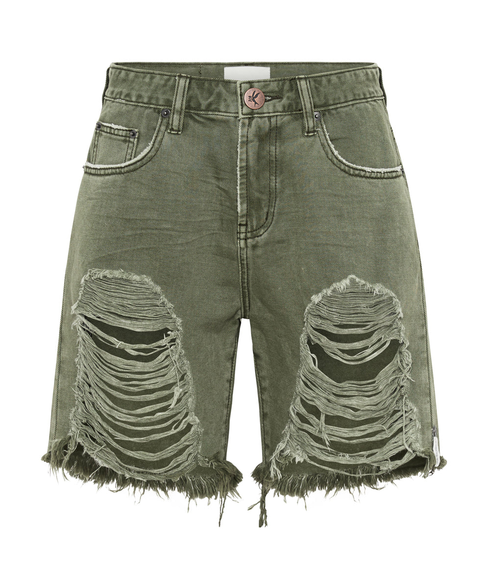 Products Stevies High Waist Long Length Boyfriend Denim Shorts - St Khaki