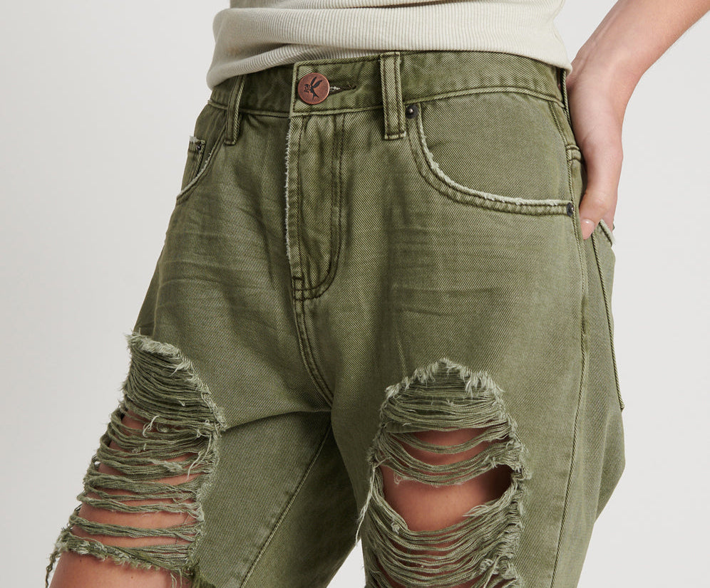 Stevies High Waist Long Length Boyfriend Denim Shorts - St Khaki
