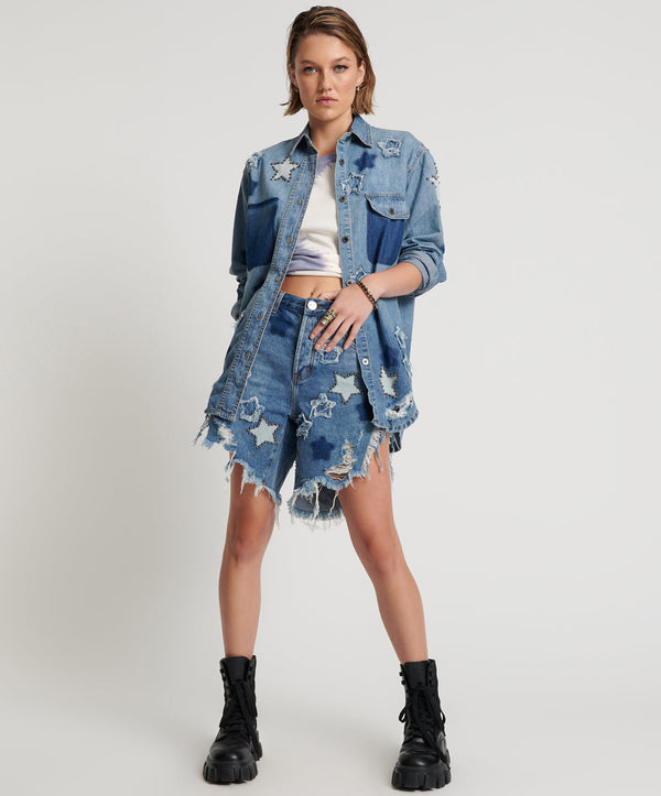 JOHNNY BLUE STAR HIGH WAIST FRANKIES LONG LENGTH DENIM SHORTS