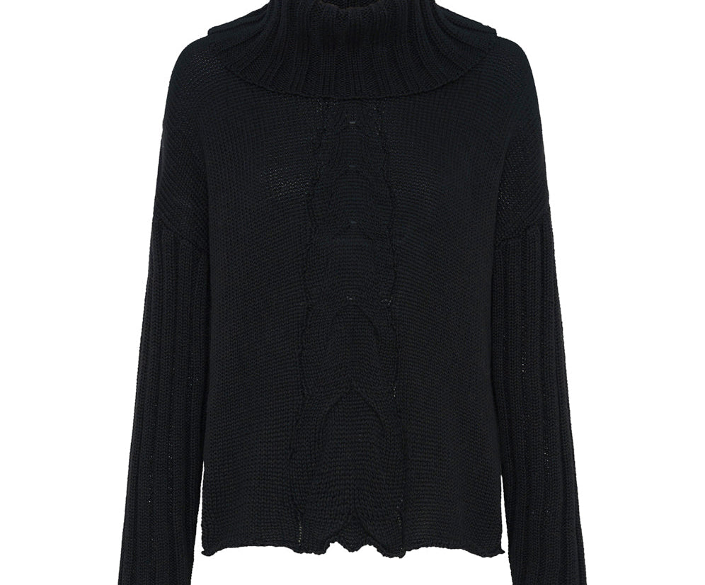 Classic Chunky Roll Neck Knit Sweater - Black