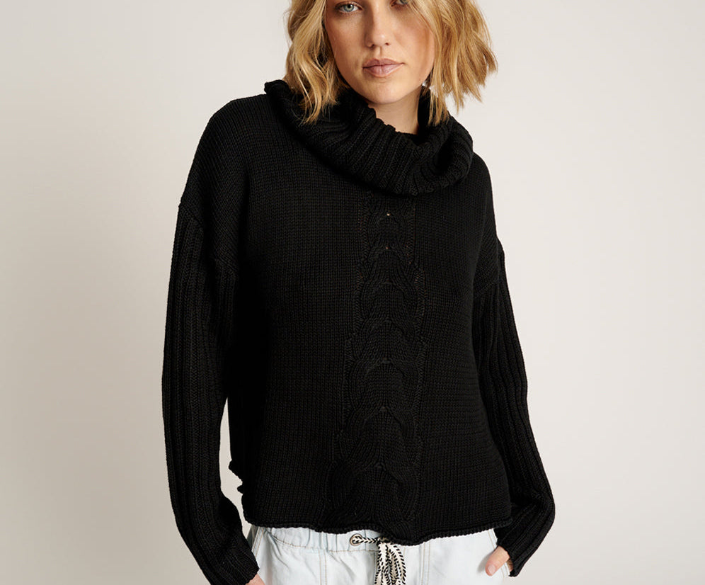 Classic Chunky Roll Neck Knit Sweater - Black