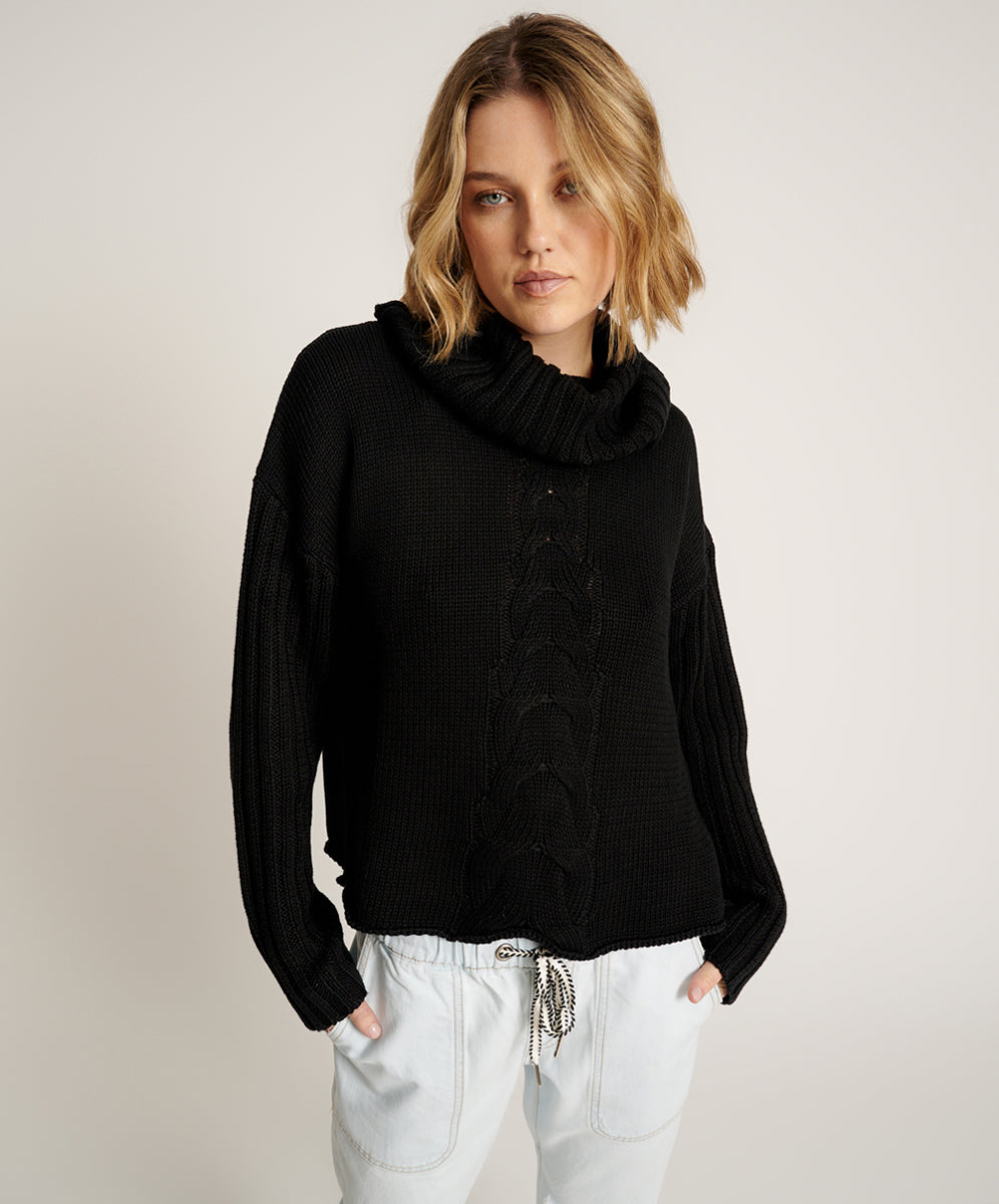 Black Friday Women's Hoodies Sale - Up to 70% off Classic Chunky Roll Neck Knit Sweater - Black