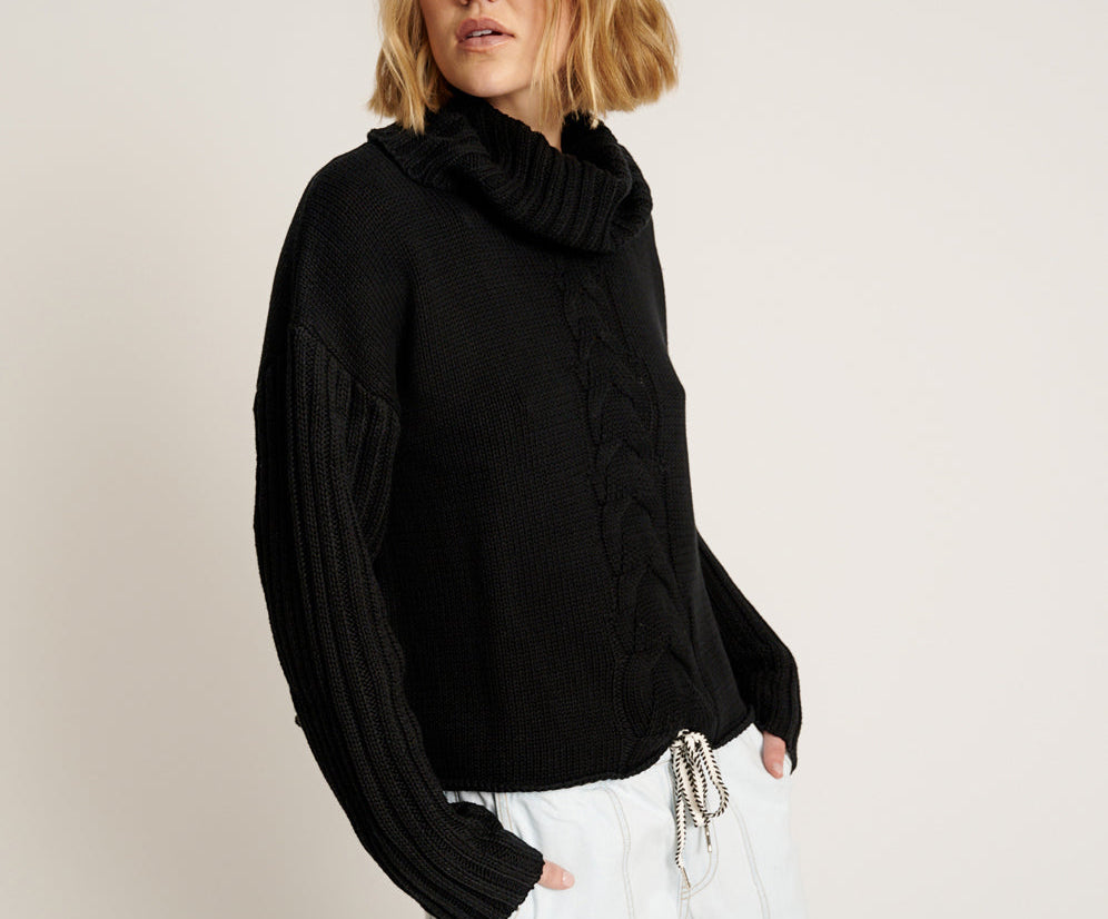 Classic Chunky Roll Neck Knit Sweater - Black