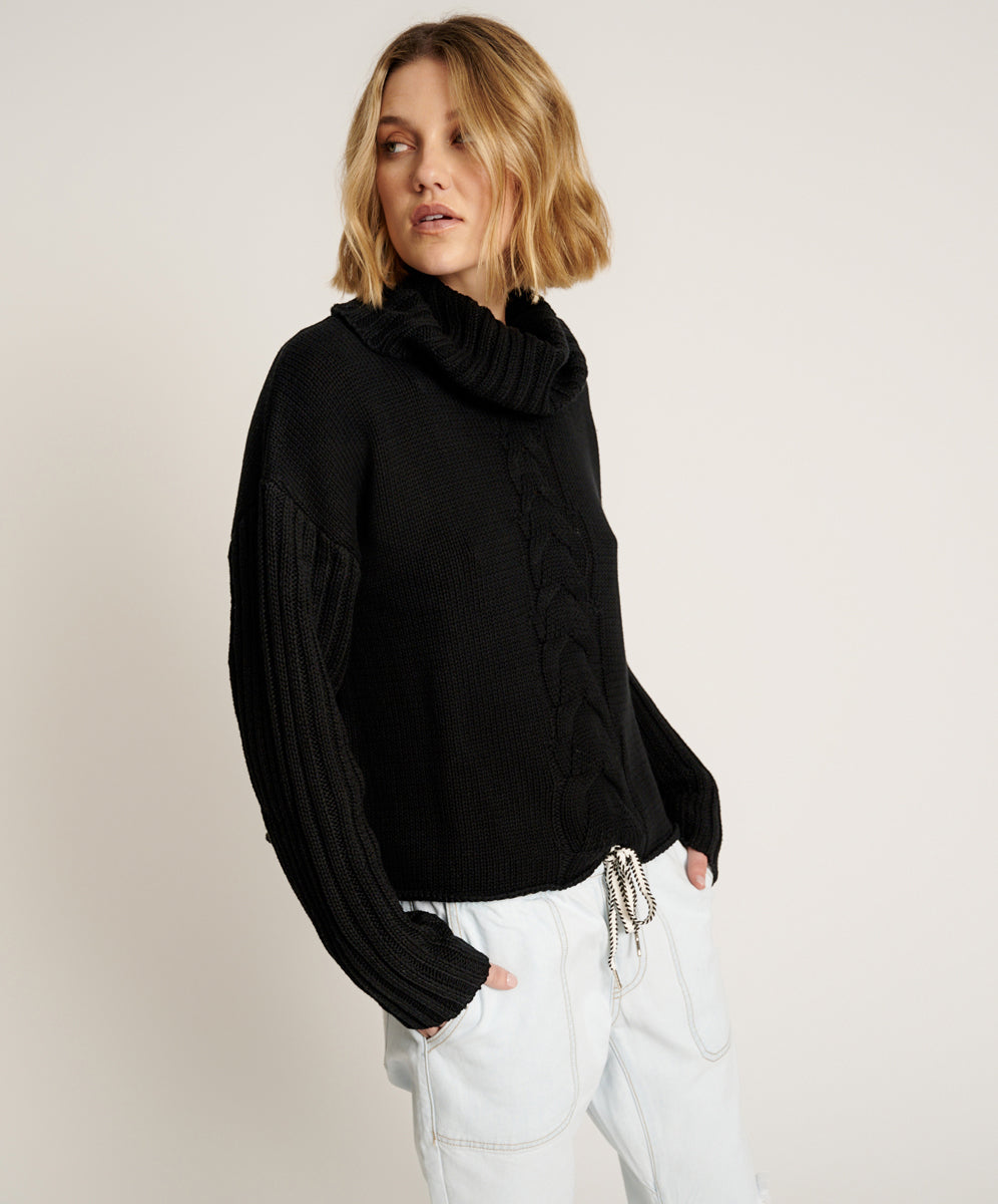 Black Friday Women's Hoodies Sale - Up to 70% off Classic Chunky Roll Neck Knit Sweater - Black