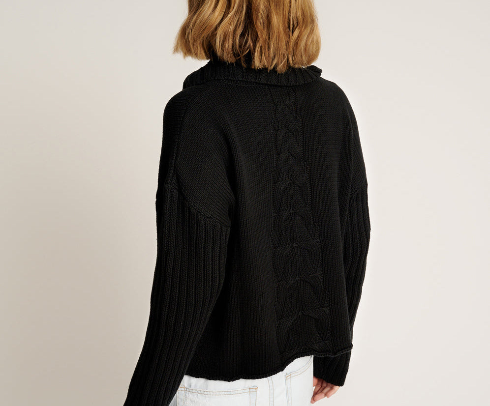 Classic Chunky Roll Neck Knit Sweater - Black
