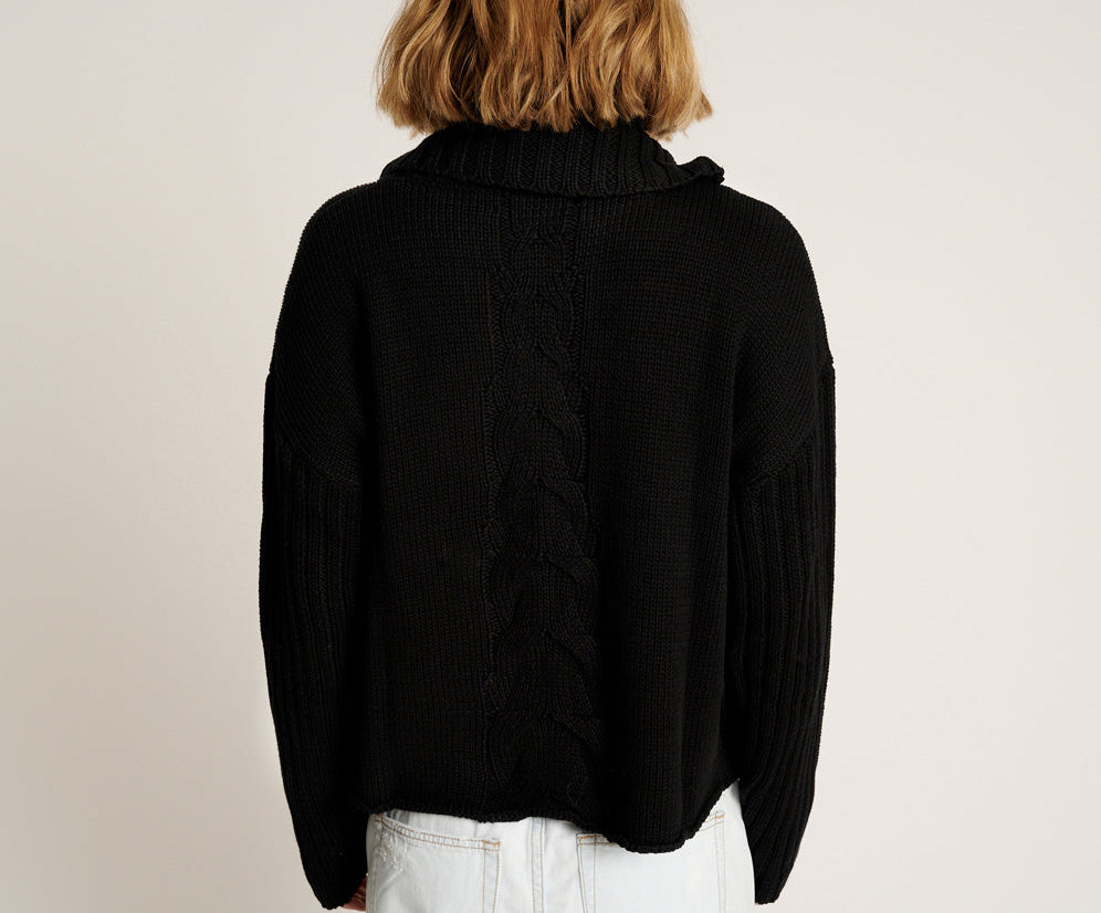 Classic Chunky Roll Neck Knit Sweater - Black