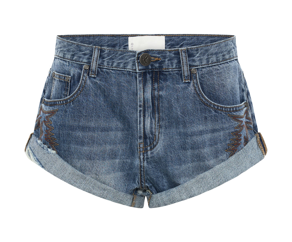 Bandits Low Waist Motif Denim Shorts - Westland Blue