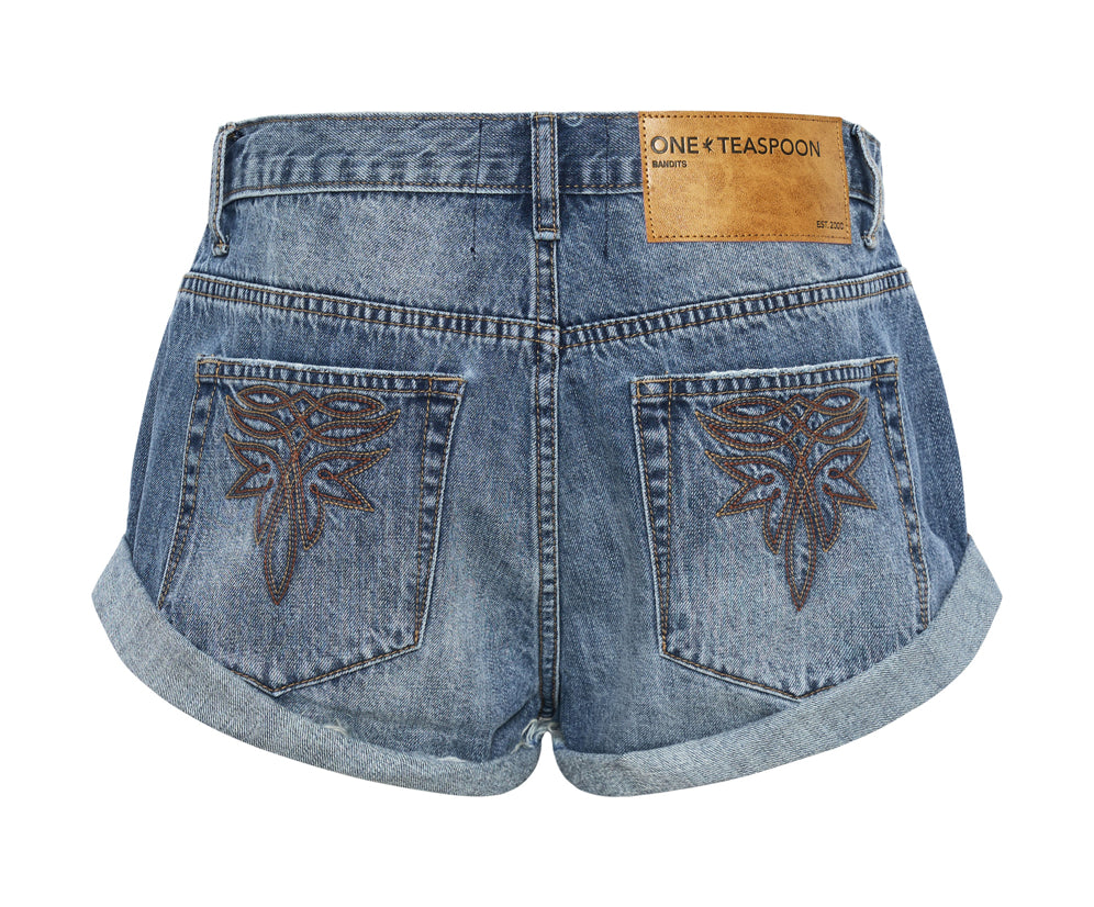 Bandits Low Waist Motif Denim Shorts - Westland Blue