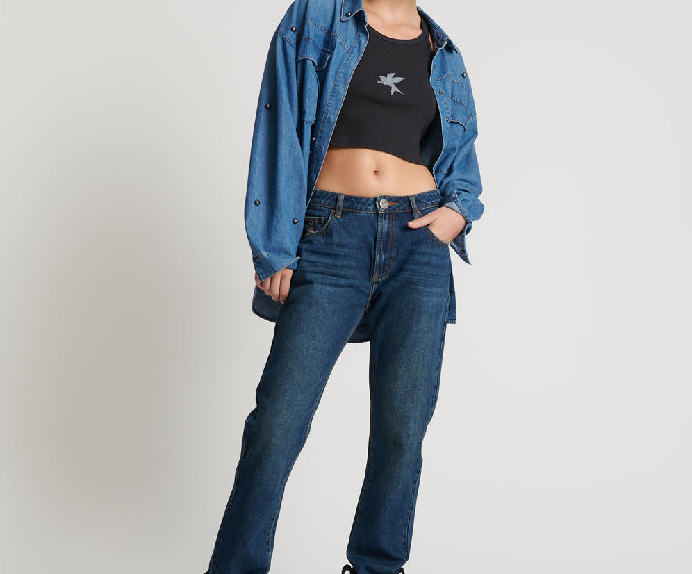Truckers Mid Waist Straight Leg Denim Jeans - Royal Blue