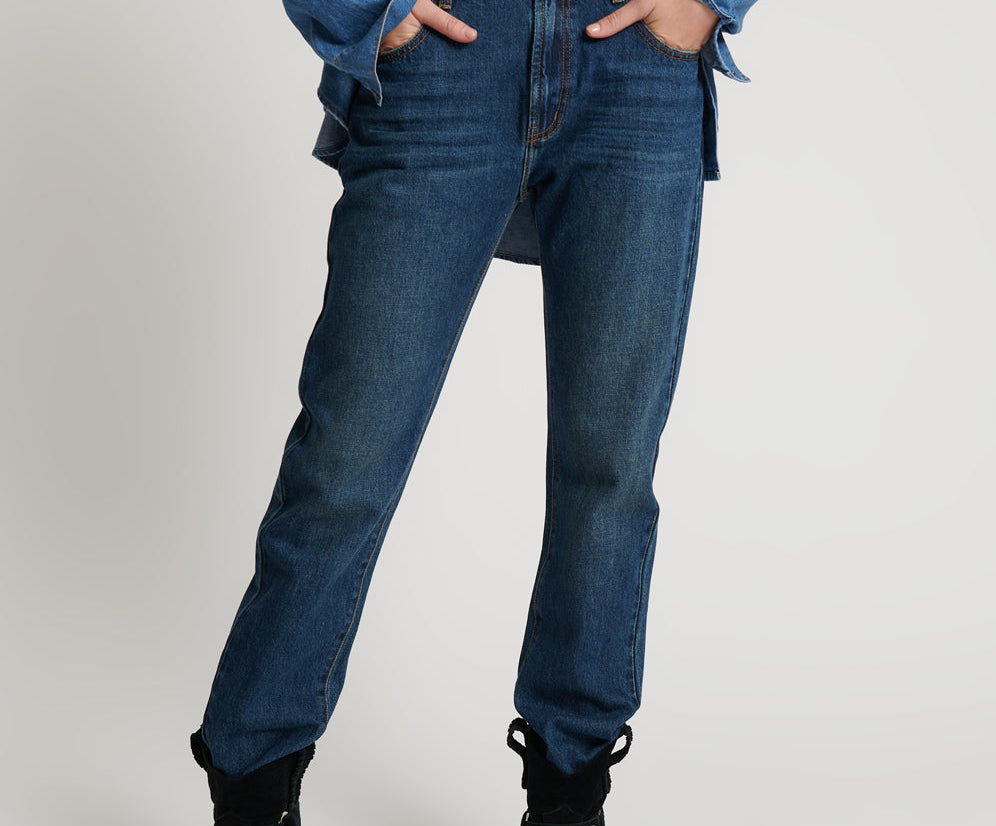 ROYAL BLUE TRUCKERS LOW WAIST STRAIGHT LEG JEANS