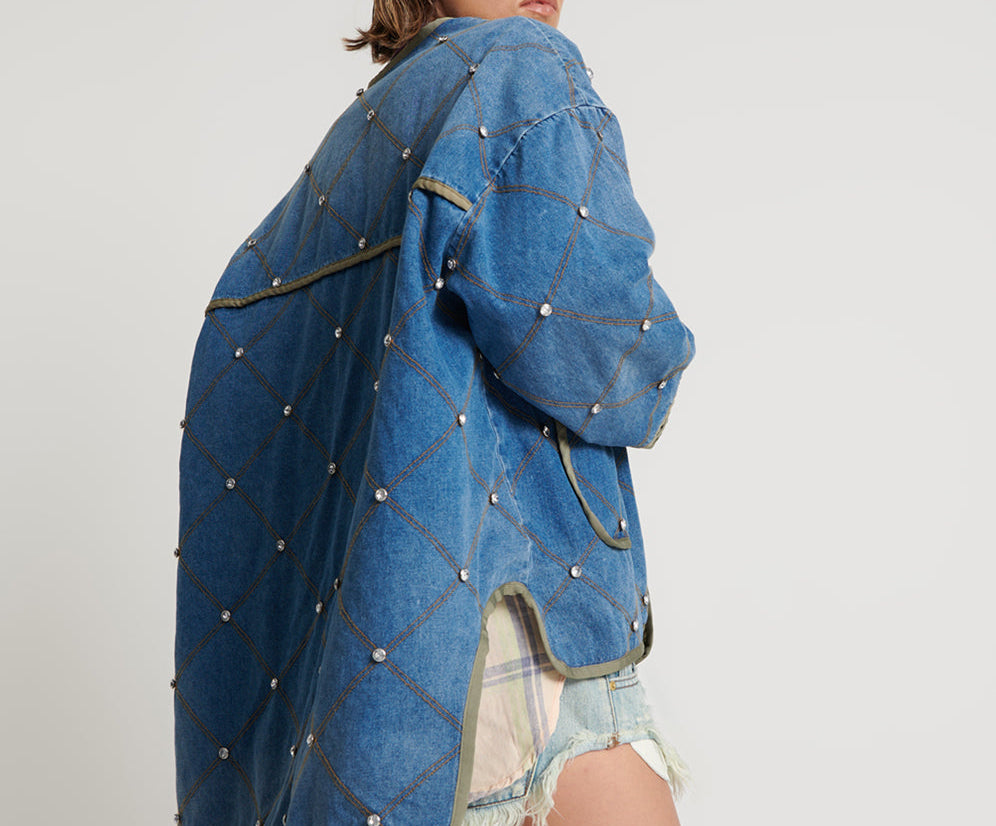 BAY BLUE QUILTED CRYSTAL STUDDED JACKET