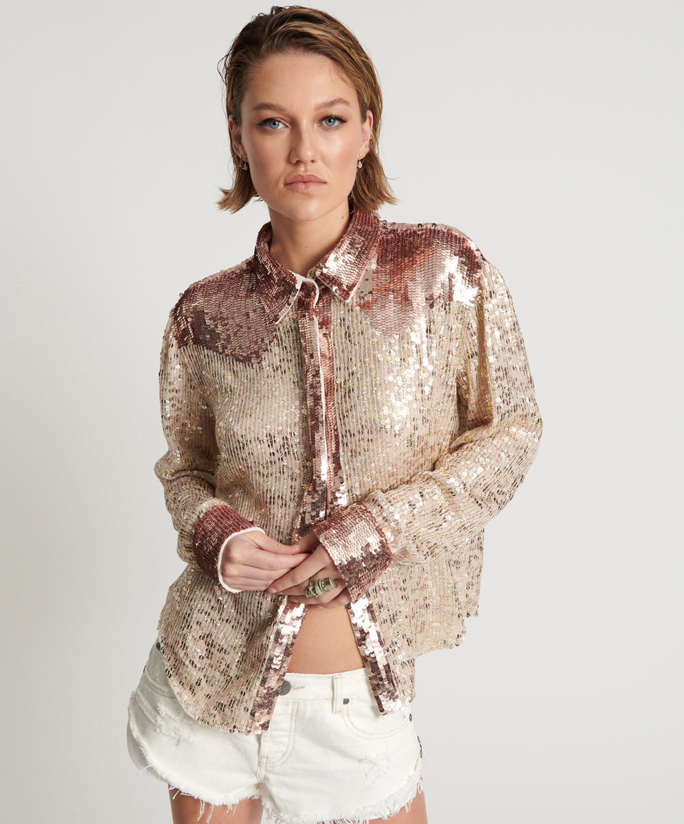 Products ROSE GOLD HAND SEQUIN WESTERN SHIRT