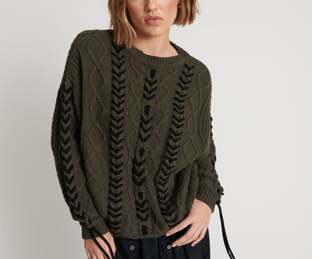 MILITARY KHAKI THREADED CABLE SWEATER