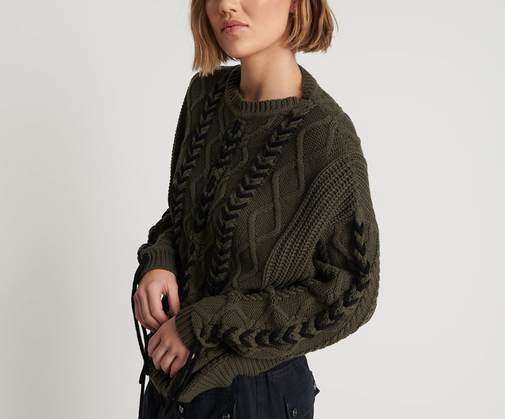 MILITARY KHAKI THREADED CABLE SWEATER