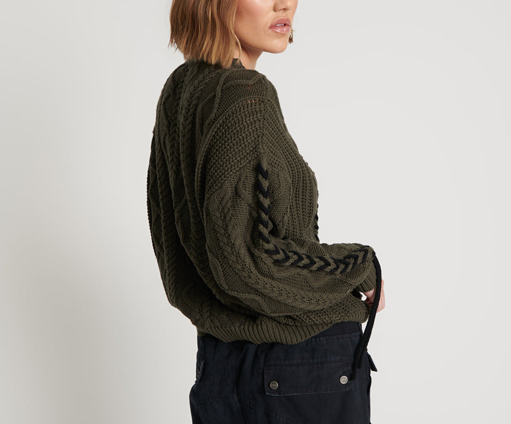 Khaki Threaded Cable Sweater - Military Khaki
