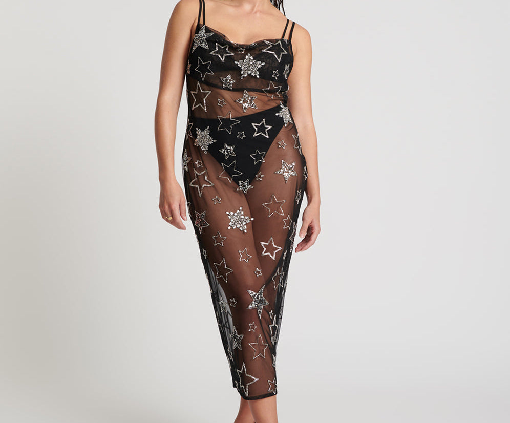 sheer black star dress Starry Night * Sheer Black Dress with Sleeves Black / 6
