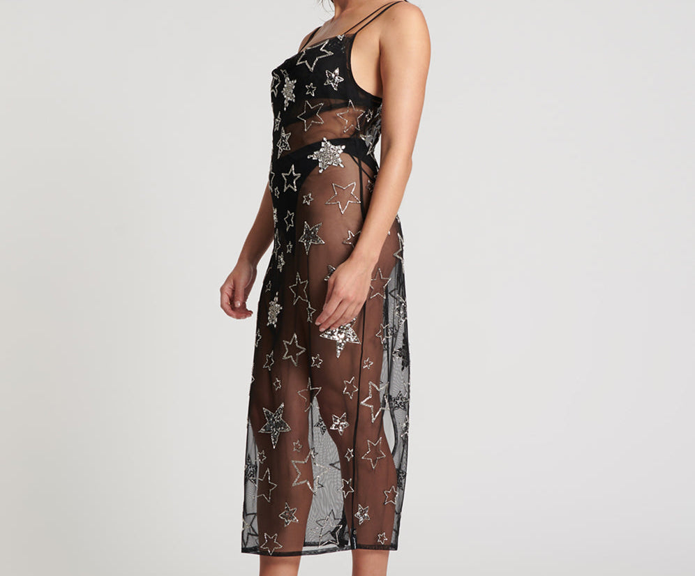 Stellar All Star Hand Beaded Slip Maxi Dress - Black