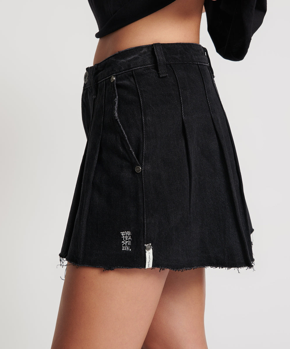 Pleated Micro Denim Mini Skirt - Black Oak | One Teaspoon USA