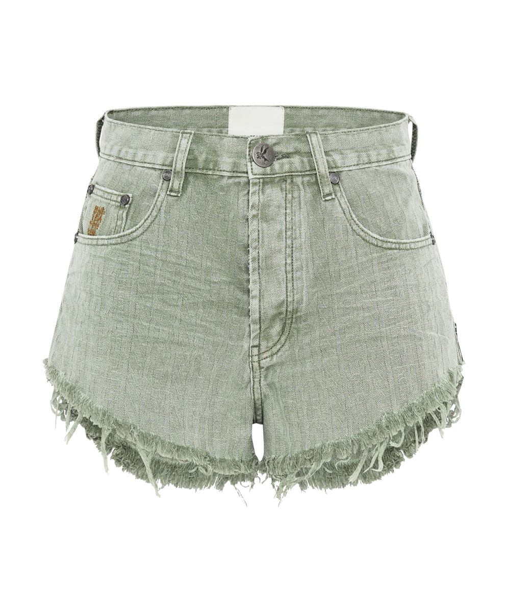 Black Friday Denim Sale - Up to 70% off Outlaws Mid Waist Mid Length Denim Shorts - Khaki