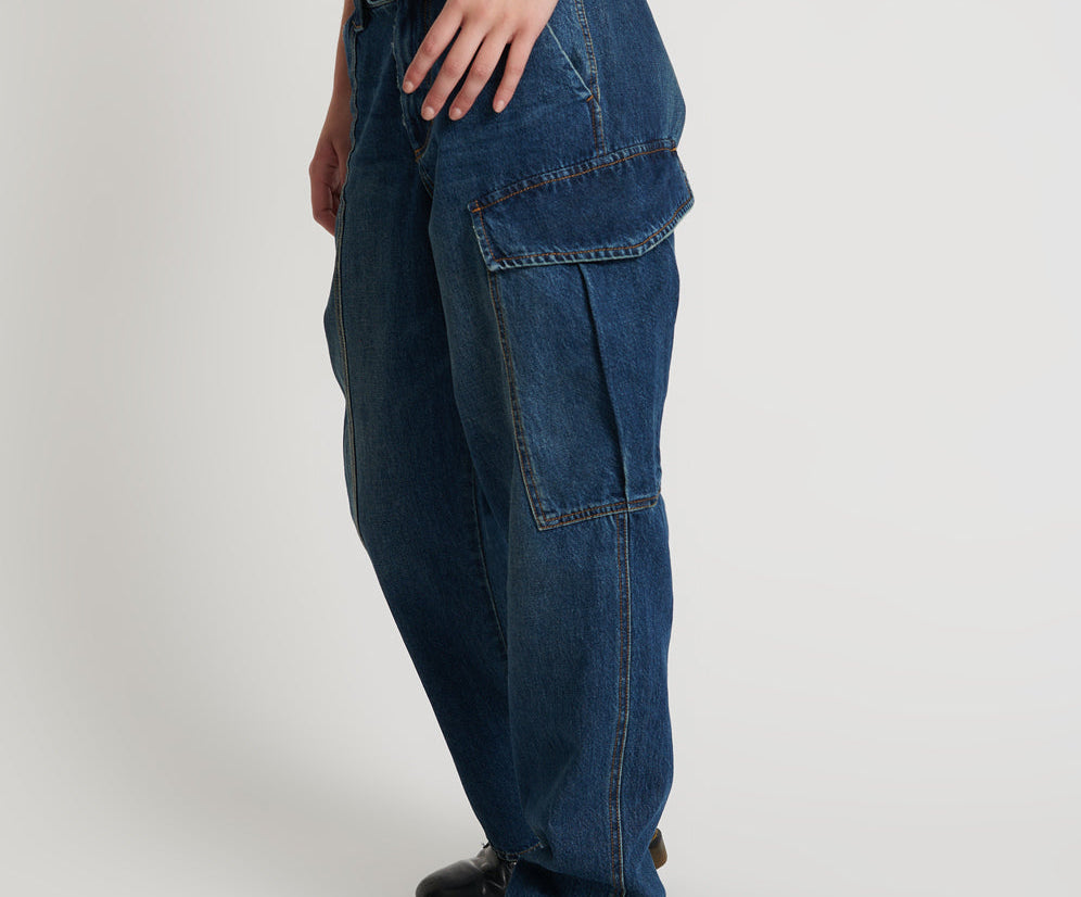 New Fiction Low Waist Wide Leg Cargo Denim Jeans - Royal Blue