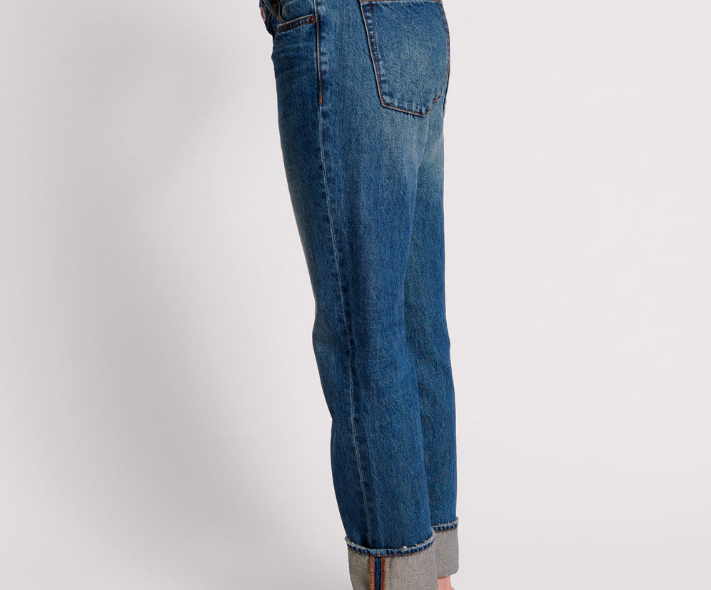 GRITTY BLUE TRUCKERS LOW WAIST STRAIGHT LEG JEANS