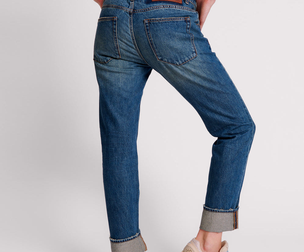 GRITTY BLUE TRUCKERS LOW WAIST STRAIGHT LEG JEANS
