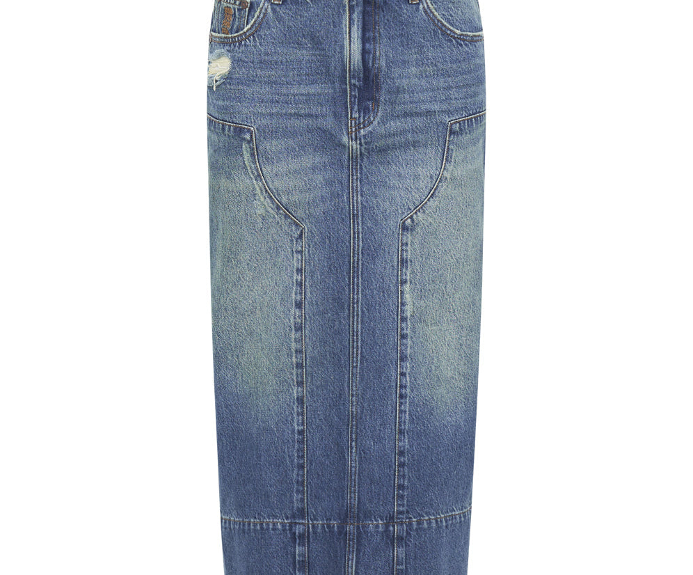 GRITTY BLUE CASSIDY MID WAIST LONG DENIM COLUMN SKIRT