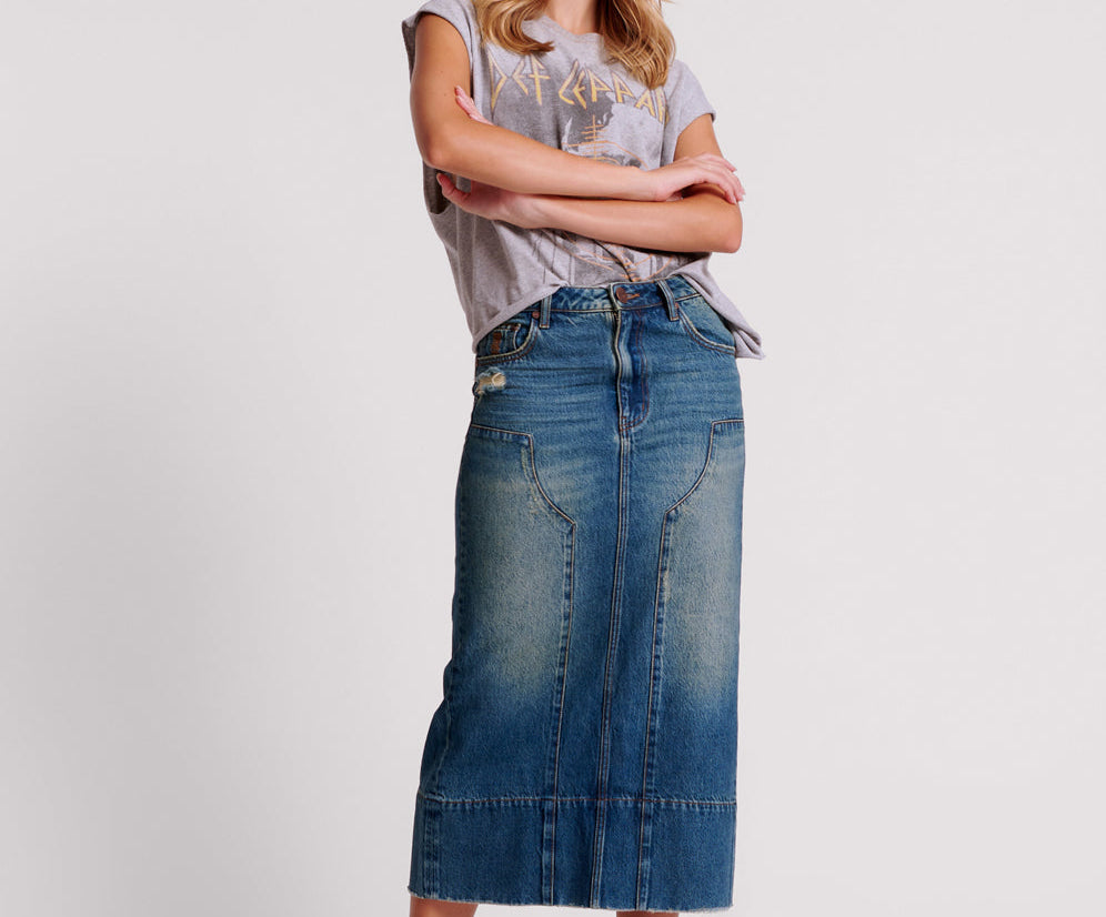 GRITTY BLUE CASSIDY MID WAIST LONG DENIM COLUMN SKIRT