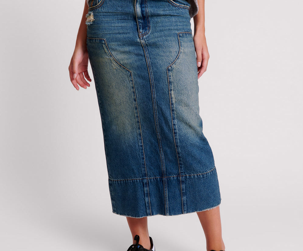 GRITTY BLUE CASSIDY MID WAIST LONG DENIM COLUMN SKIRT
