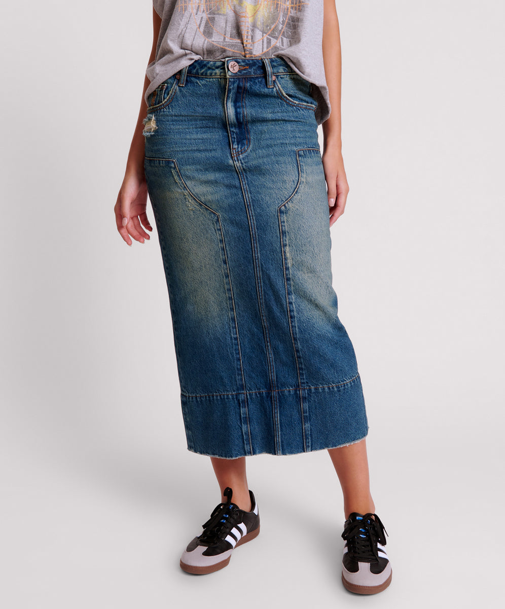 Outlet Sale Women's Denim Skirts GRITTY BLUE CASSIDY MID WAIST LONG DENIM COLUMN SKIRT