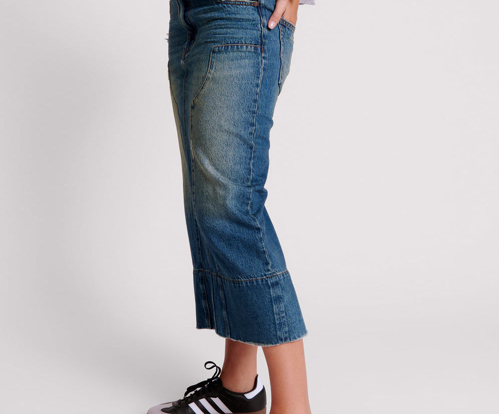 GRITTY BLUE CASSIDY MID WAIST LONG DENIM COLUMN SKIRT
