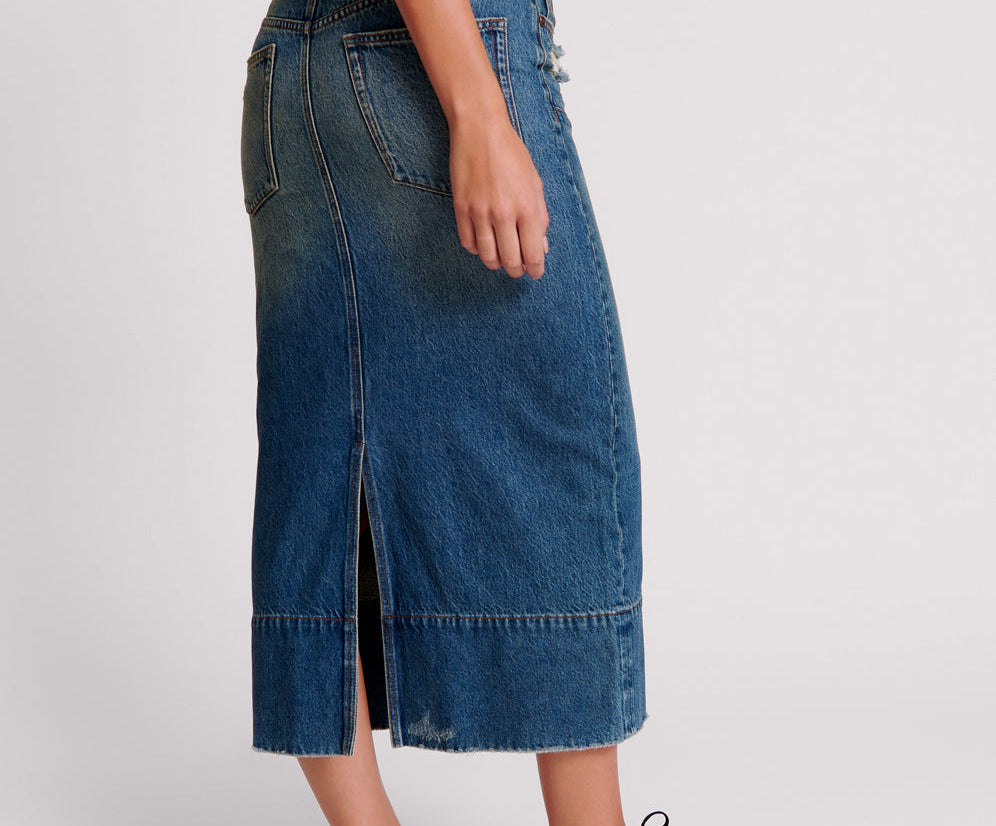 GRITTY BLUE CASSIDY MID WAIST LONG DENIM COLUMN SKIRT