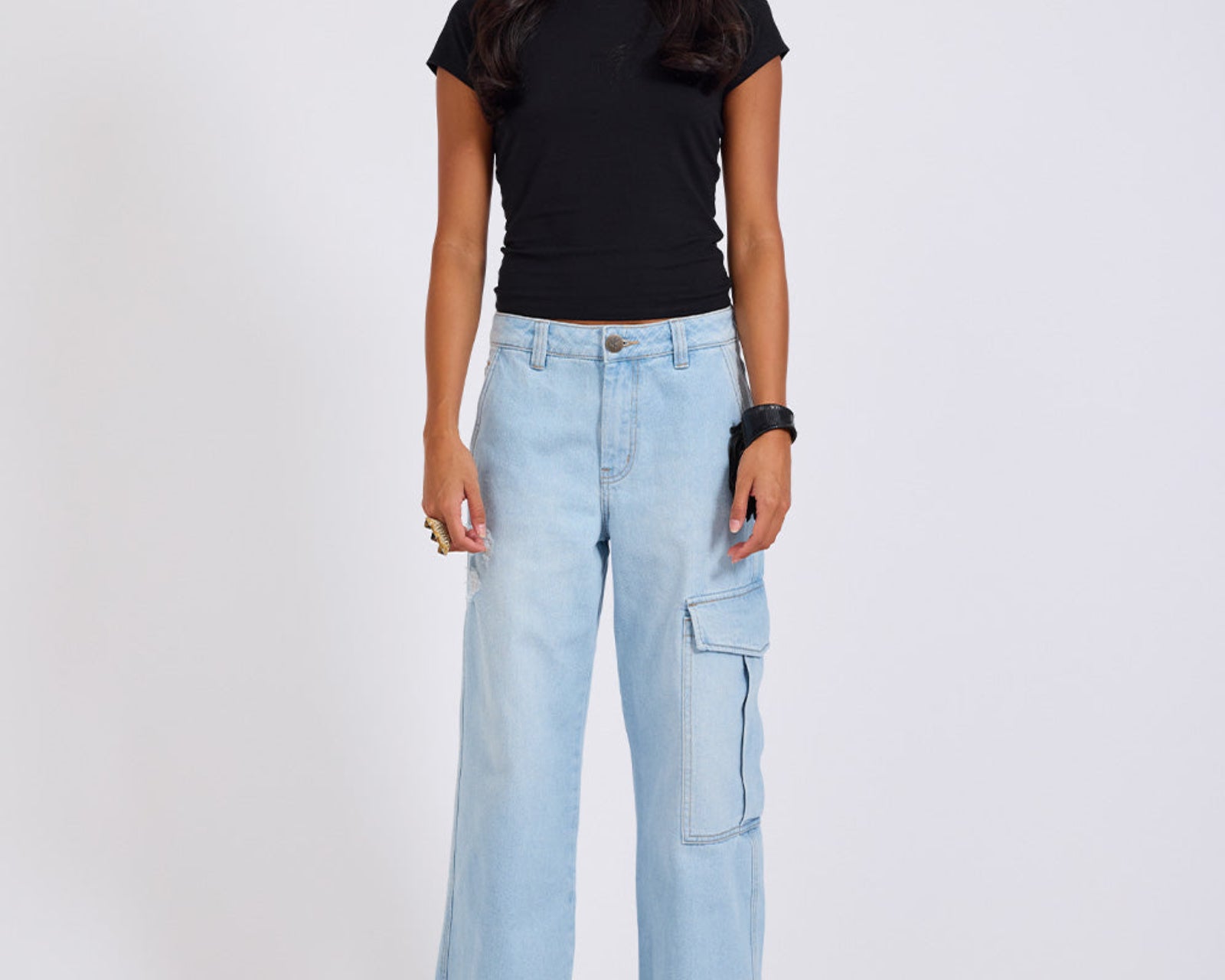 New Fiction Low Waist Wide Leg Cargo Denim Jeans - Cyber Blue