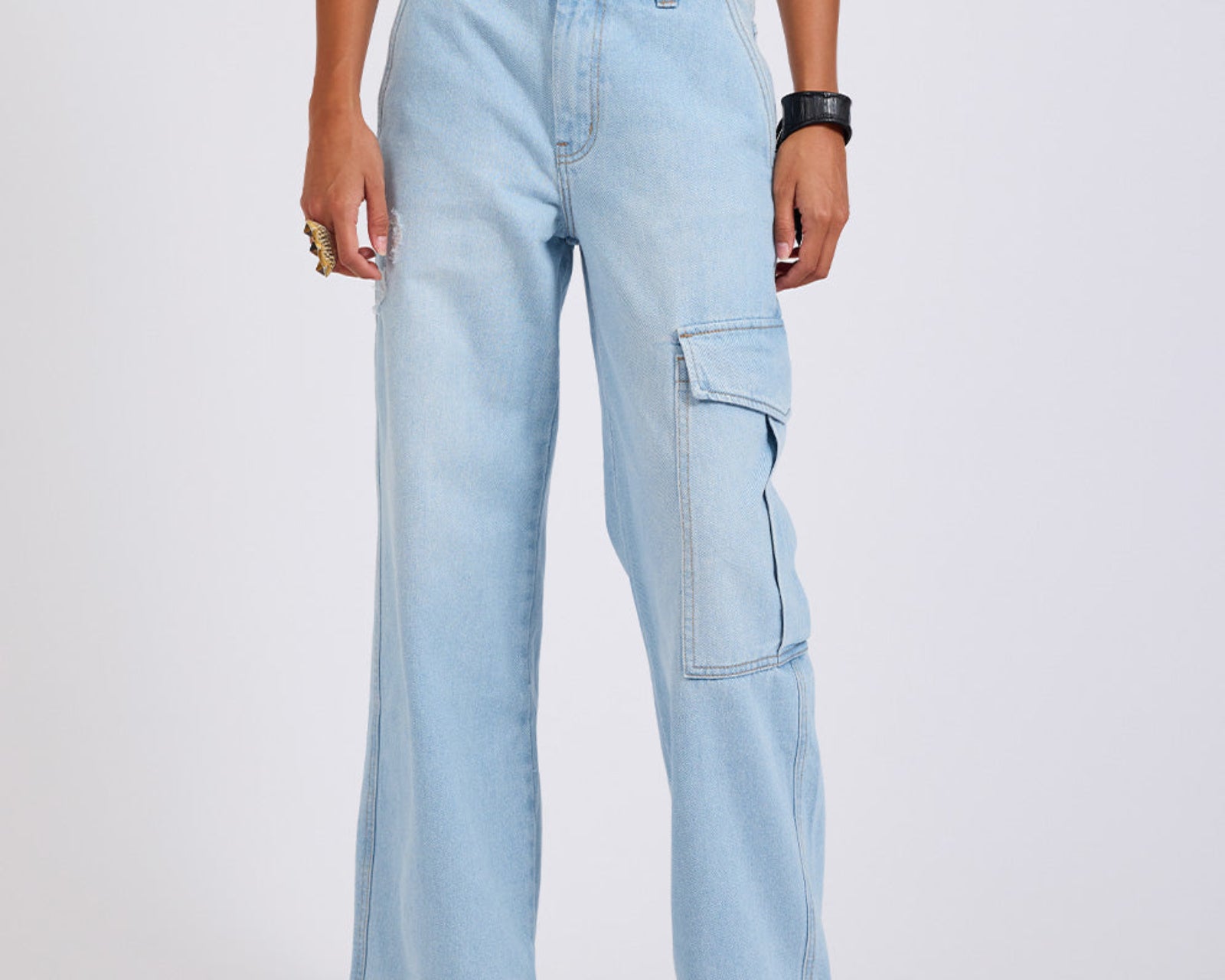 New Fiction Low Waist Wide Leg Cargo Denim Jeans - Cyber Blue