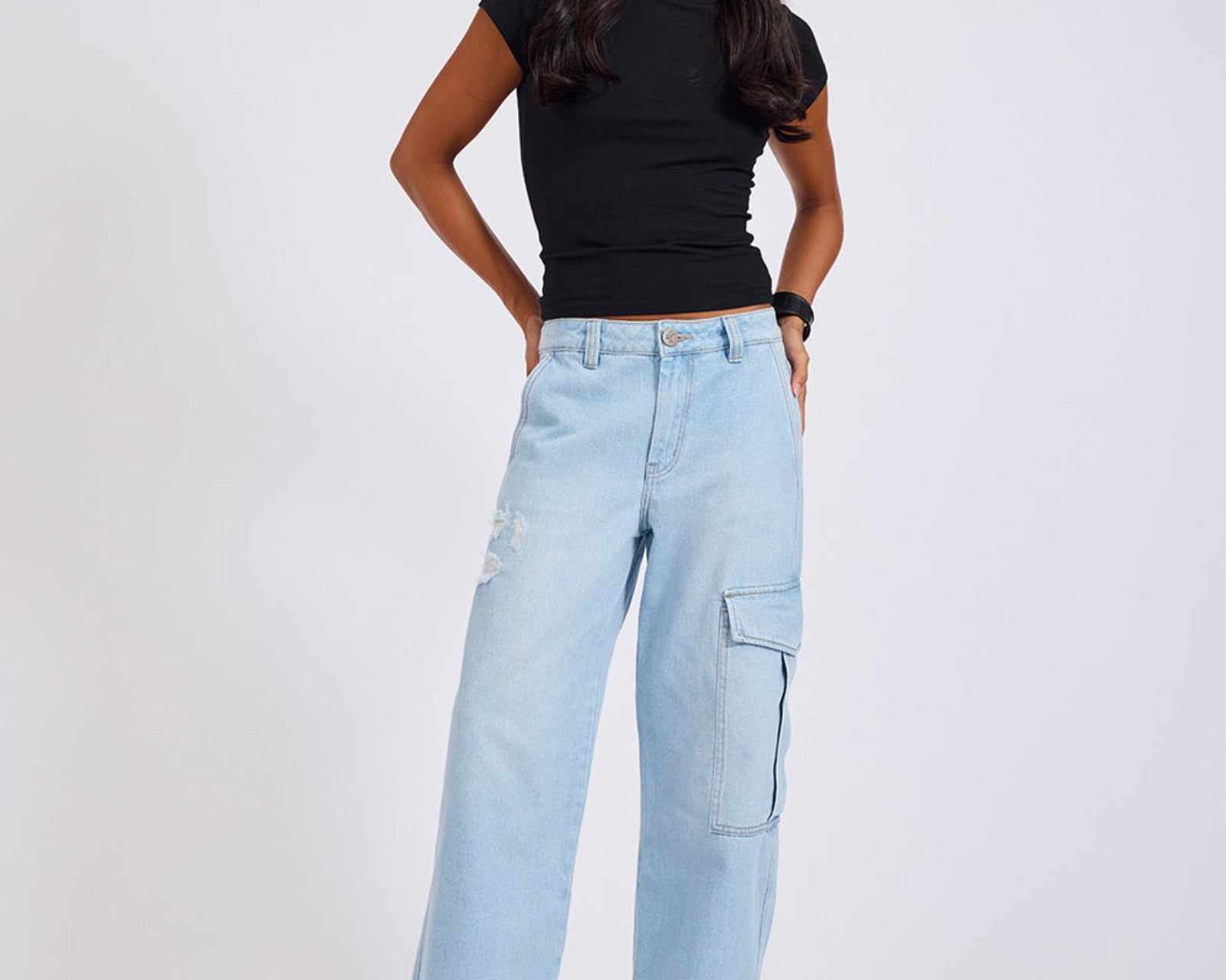 New Fiction Low Waist Wide Leg Cargo Denim Jeans - Cyber Blue
