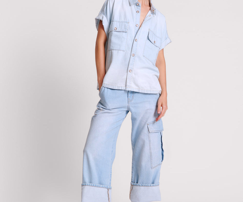 New Fiction Low Waist Wide Leg Cargo Denim Jeans - Cyber Blue