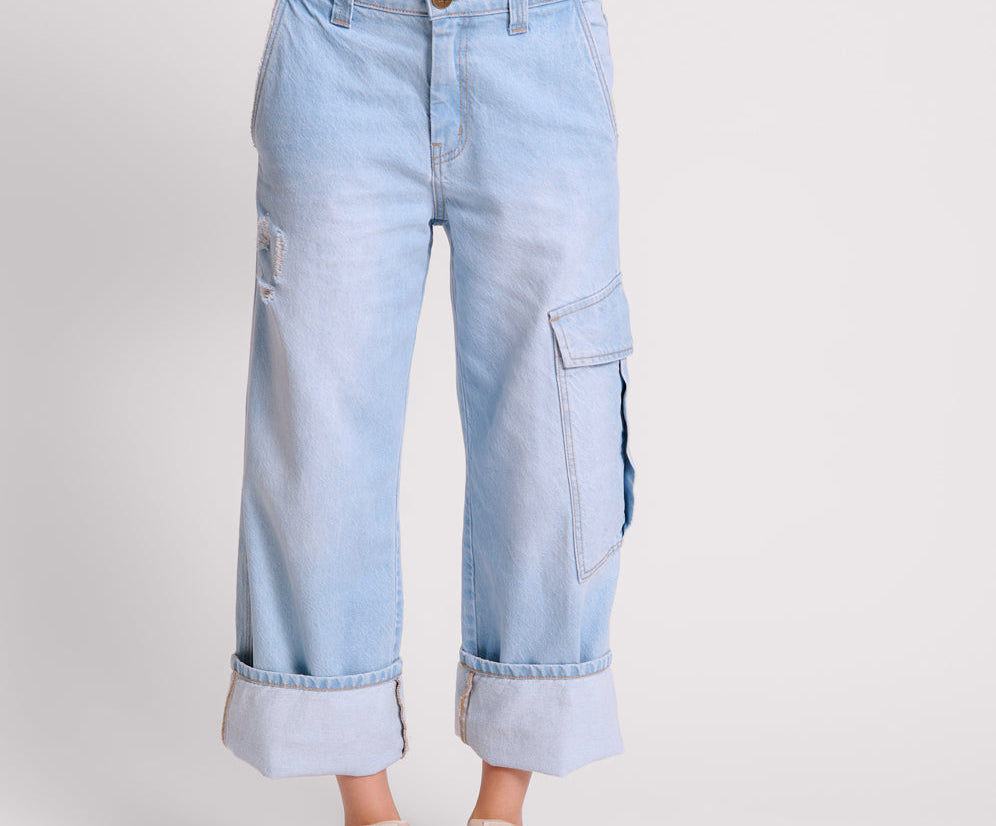 New Fiction Low Waist Wide Leg Cargo Denim Jeans - Cyber Blue