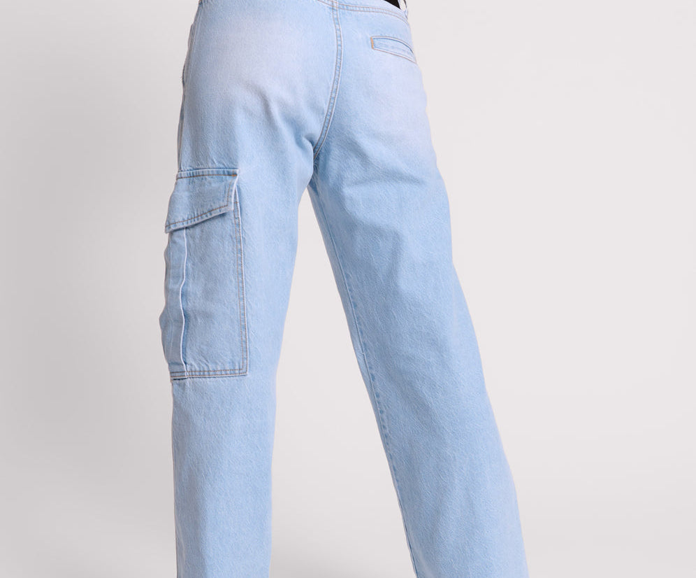 New Fiction Low Waist Wide Leg Cargo Denim Jeans - Cyber Blue