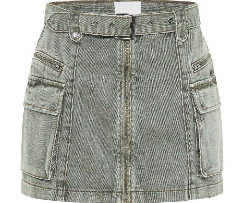 Utility Biker Denim Mini Skirt - Old Khaki
