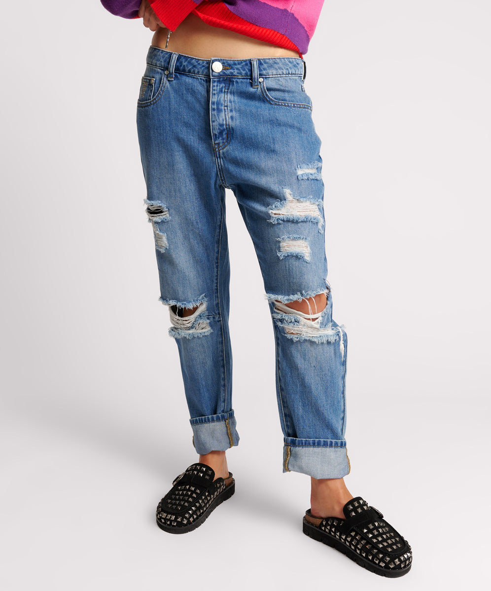 Rodeo Blue Denim Shorts Saints Low Waist Boyfriend Denim Jeans - Midtown Blue