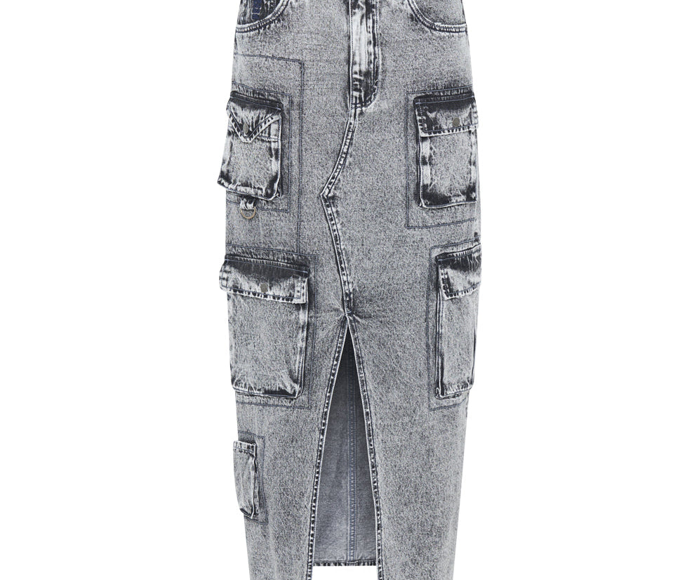 90S Cargo Pocket Column Denim Skirt - Slate Acid