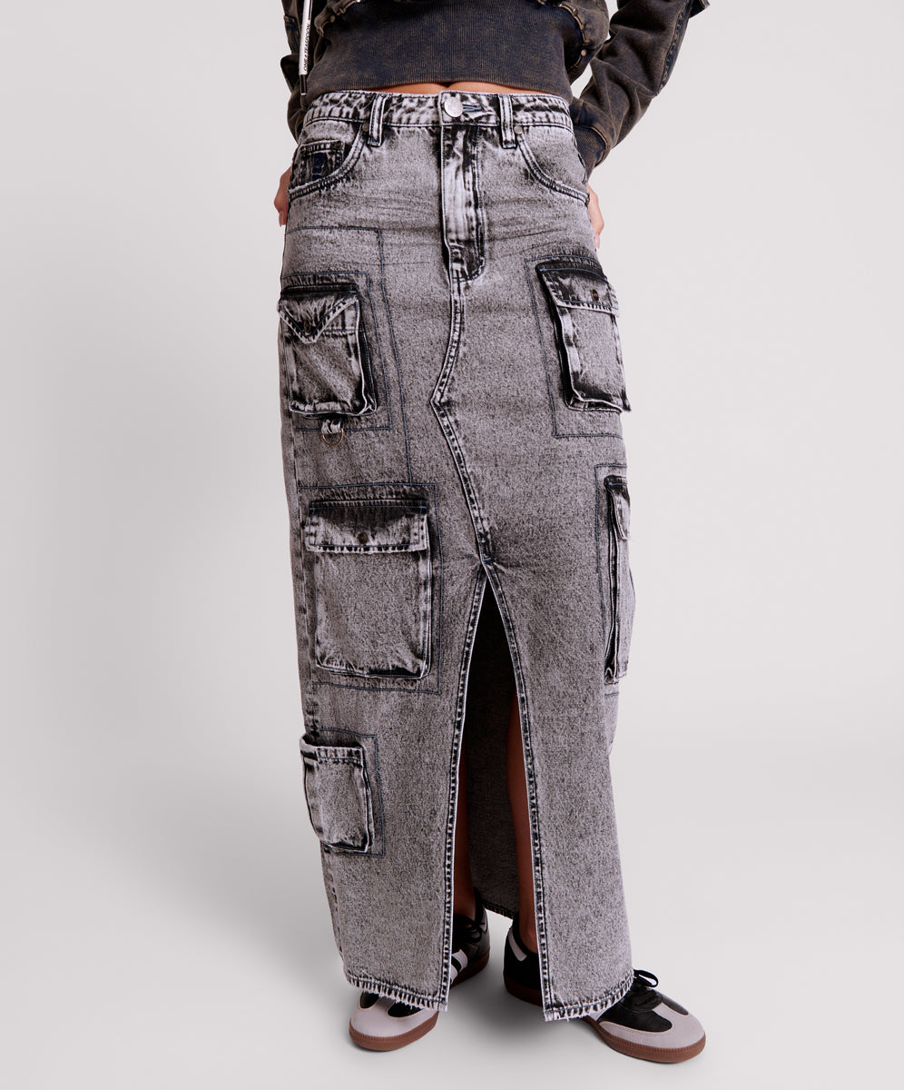 90S Cargo Pocket Column Denim Skirt Slate Acid