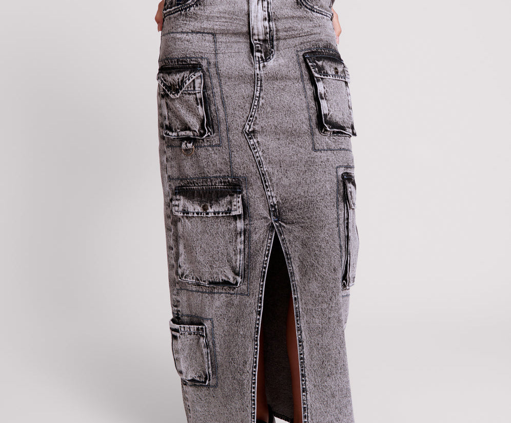 SLATE ACID 90S CARGO POCKET COLUMN DENIM SKIRT