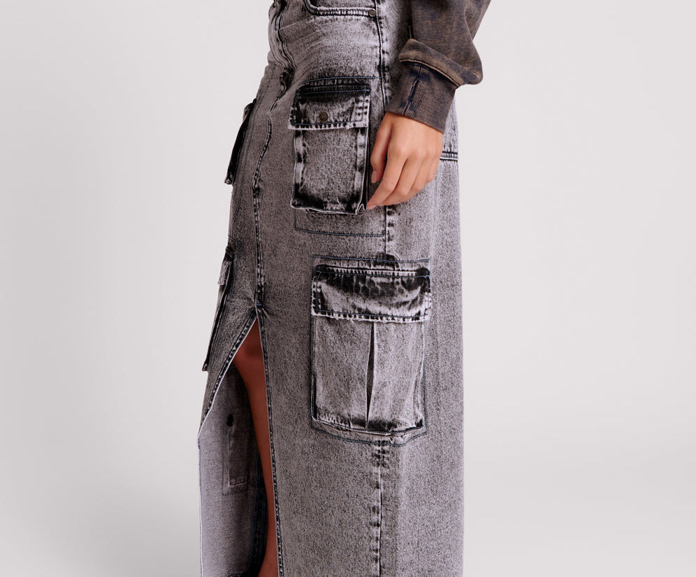 SLATE ACID 90S CARGO POCKET COLUMN DENIM SKIRT