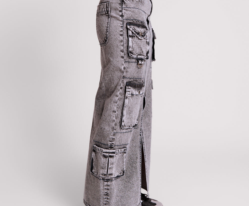 SLATE ACID 90S CARGO POCKET COLUMN DENIM SKIRT