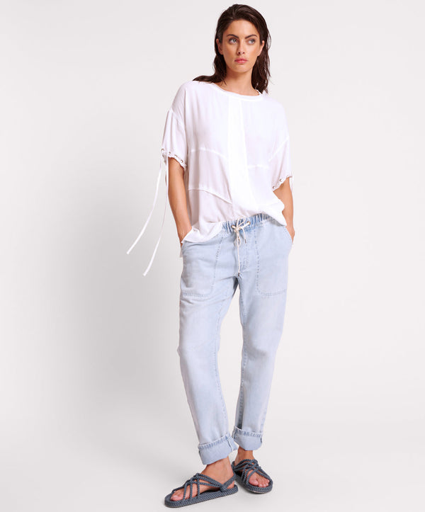 BLUE SPACE SHABBIES DRAWSTRING BOYFRIEND JEANS