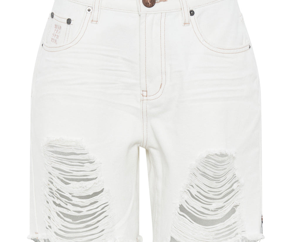 Stevies High Waist Long Length Boyfriend Denim Shorts - Pearl