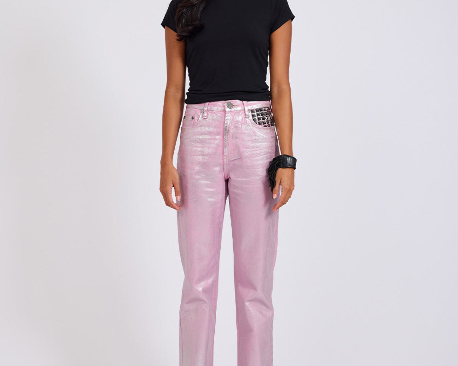 Awesome Baggies High Waist Straight Leg Denim Jeans- Pink Envy Foil